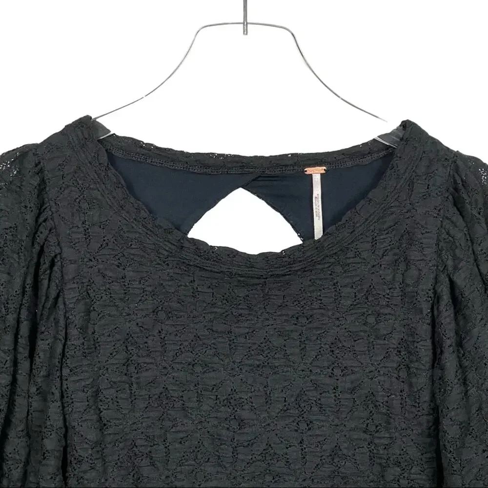 Free People Tea Time Top Black Lace Long Sleeves Size Small NEW